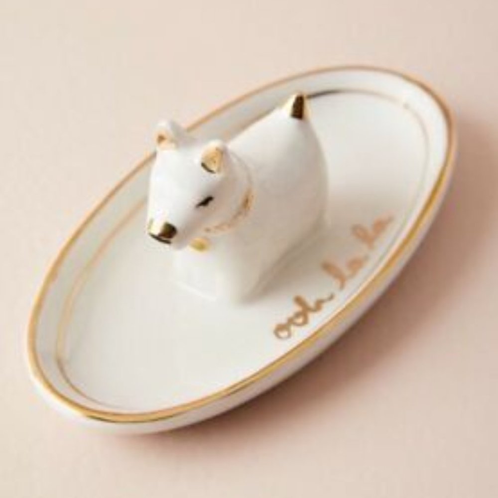 Anthropologie White Gold Dog Trinket Jewelry Dish